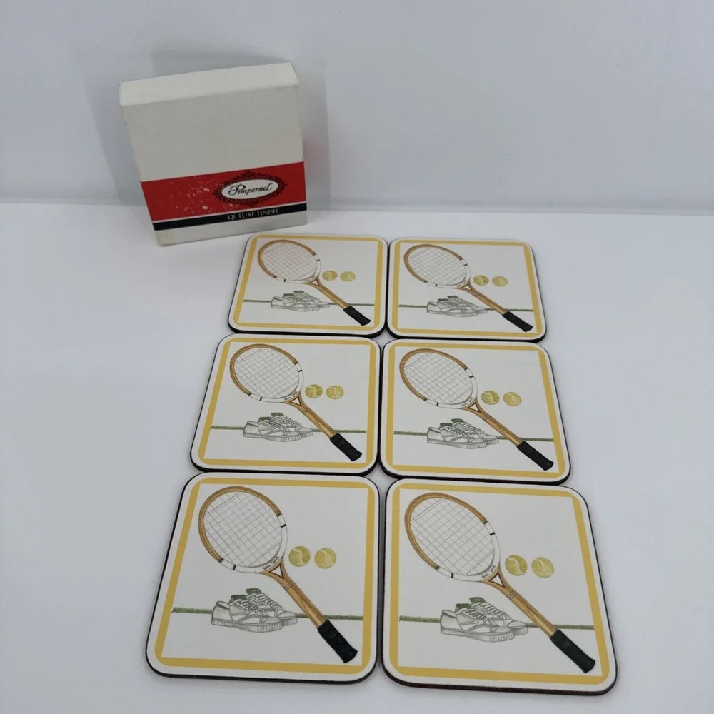 Pimpernel Tennis Set Point Coaster Set Boxed 6‎ Square England Original Box